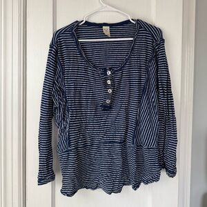 Free People Navy and White Striped Blouse